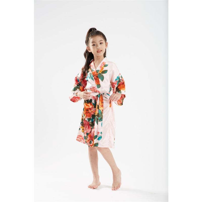Children's Bathrobe Comfortable and Elegant Temperament Simulation Silk Sleeping Robe Sateen Children's Hand-painted Peony Baby Walking Robe