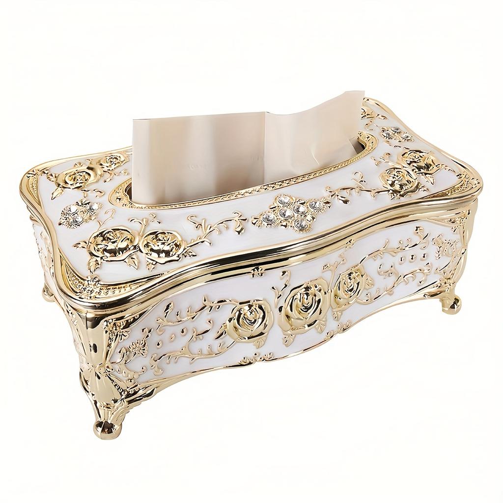 [Коробка для салфеток с узором розы] Роскошная коробка для салфеток с золотым покрытием - Узор розы, Европейский и американский стиль - Подходит для разных комнат и случаев