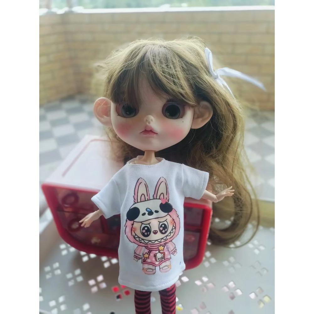 Ручная работа ob24 1/6 куклы blyth одежда, короткая футболка с мультяшным принтом + полосатые носки, можно использовать для аксессуаров кукол 1/6