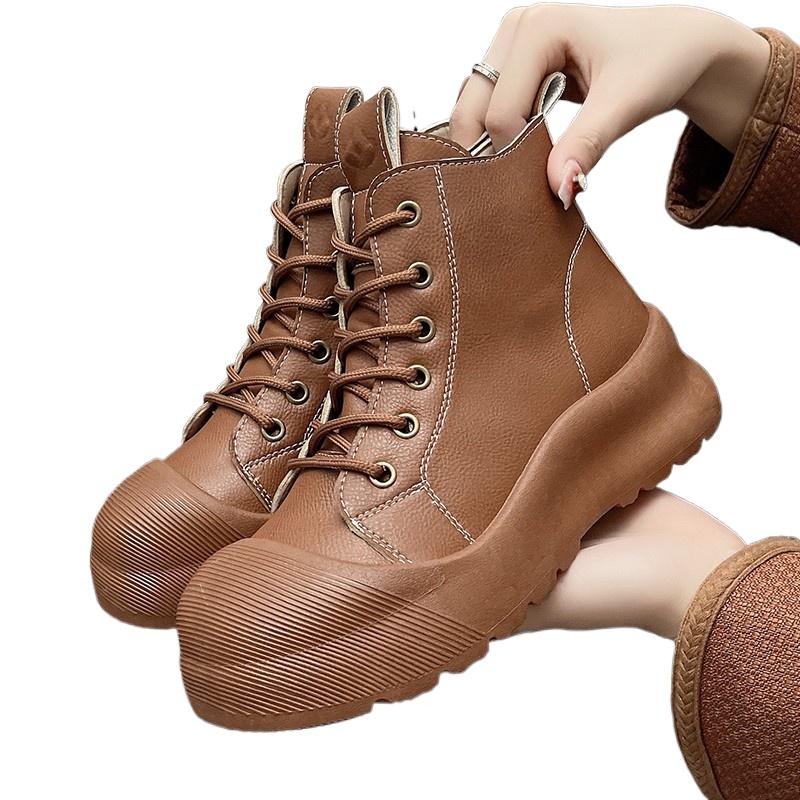 Мода 2024 Весна и Осень Новая Модная Верхняя Одежда Женские Ботильоны с Ремешком Спереди Однотонные Толстая Подошва Модные Ботинки