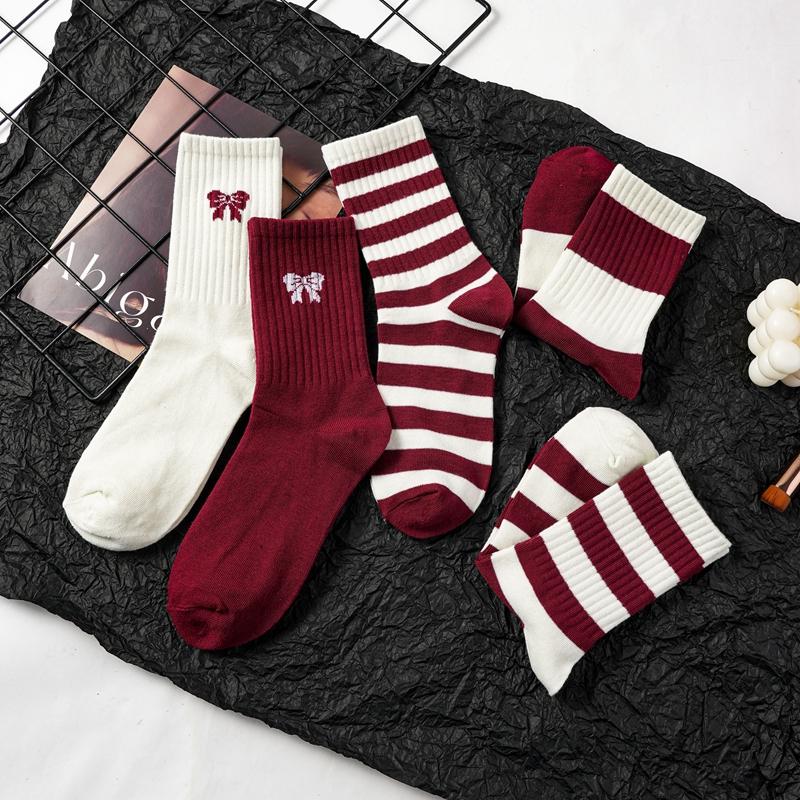 Женские длинные носки из ангоры красного цвета, женские осенне-зимние носки без косточек с вышивкой и бантом, средние носки-трубы