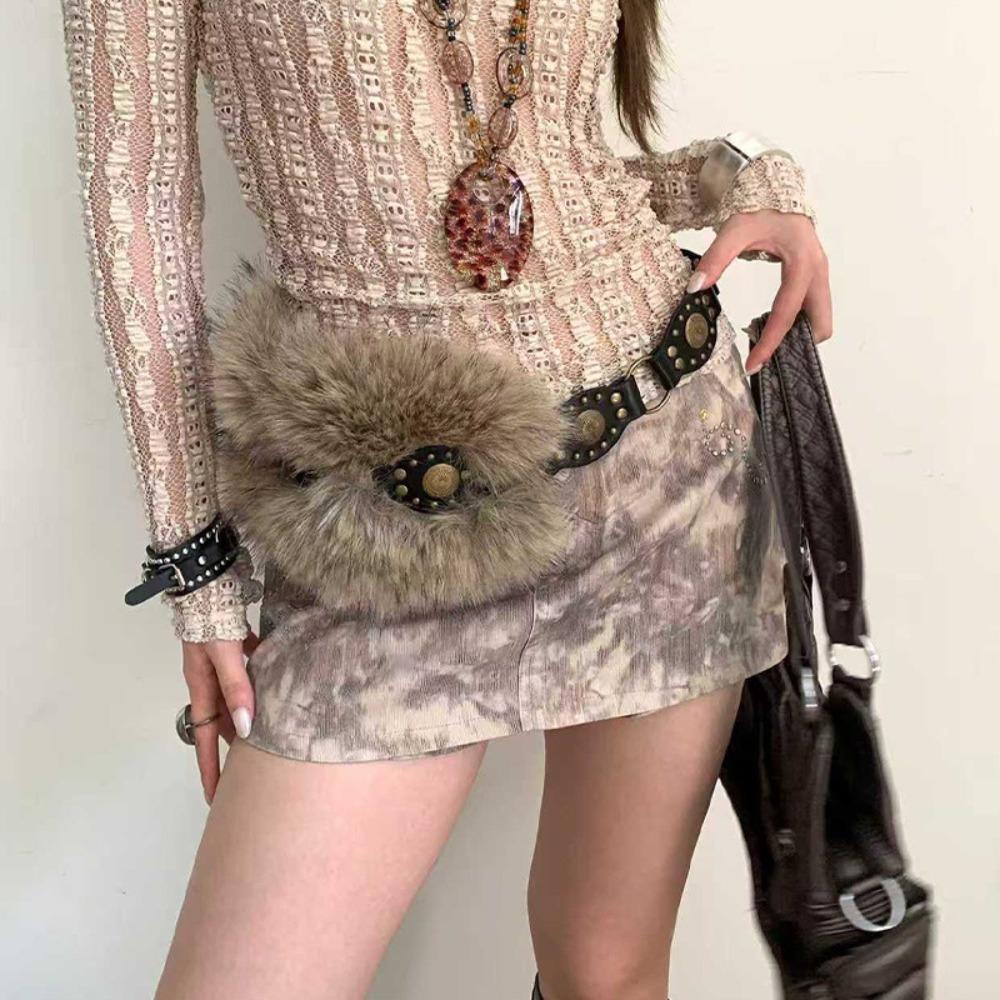 Studded Design Waist Chain Faux Fur Fur Waistband Fashion PU Leather Fur Belt Women's Accessories