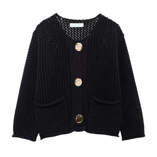 Женский свитер с круглым вырезом, длинный рукав, однобортный трикотажный свитер с карманами, однотонный кардиган