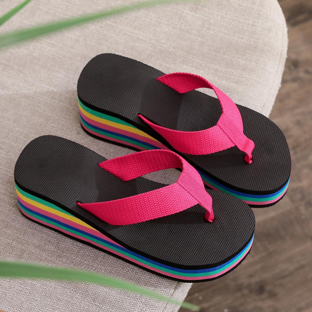 Slippers Women's Flip-flops Women's Summer Rainbow Platform Sandals High Heels Colored Outer Wear Women's Shoes Casual Beach
