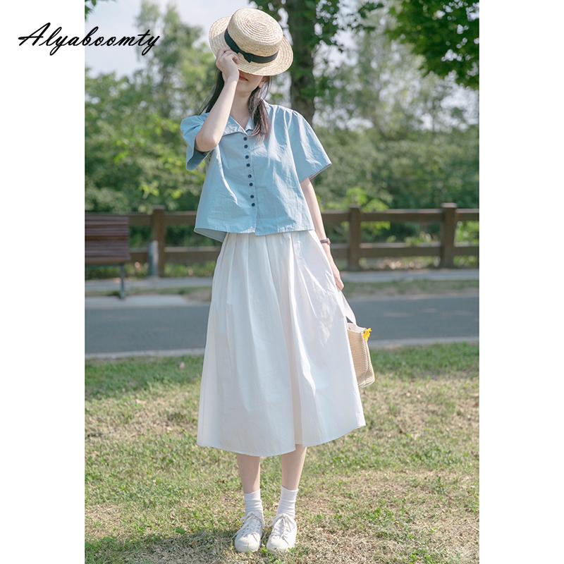 Японская Mori Girl Летняя Женская Белая Миди-юбка с Высокой Посадкой Базовая Повседневная Свободная Хлопковая Юбка Милая Базовая Женская Юбка на Все Случаи Жизни