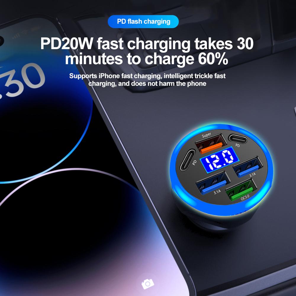 Автомобильное зарядное устройство на 5 портов со светодиодным дисплеем, быстрая зарядка QC3.0, порты USB PD 3.1A, универсальный автомобильный адаптер с контролем температуры