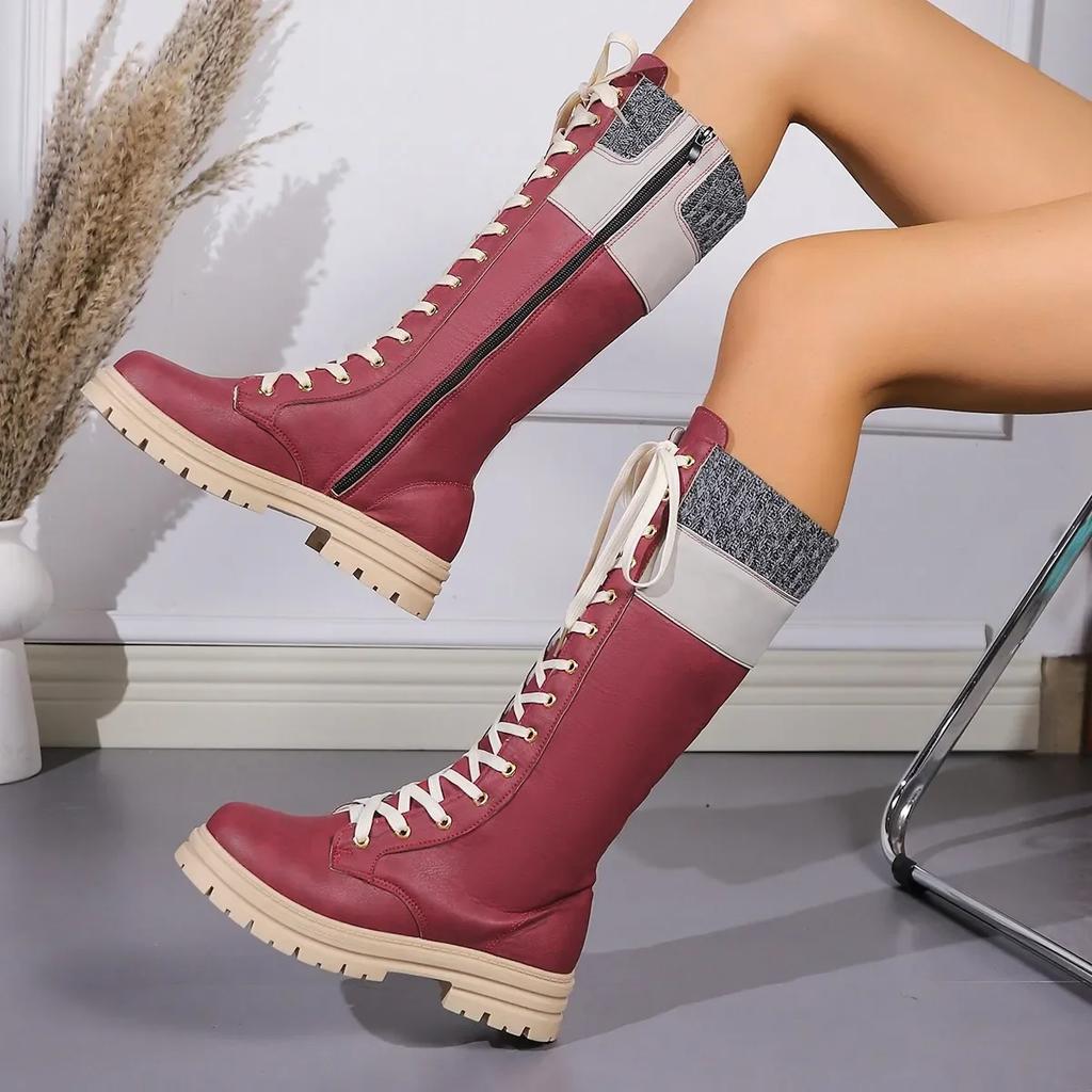 Модные высокие ботинки на платформе Western Boots для женщин Осень-зима Новые сапоги из искусственной кожи до середины голени Женские лоскутные нескользящие длинные ботинки