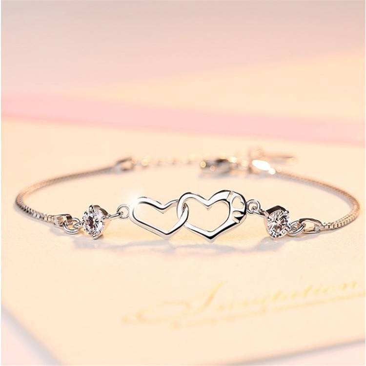 White Gold Plated S925 Silver Double Heart Amethyst Heart To Heart Ladies Bracelet Fashion Jewelry