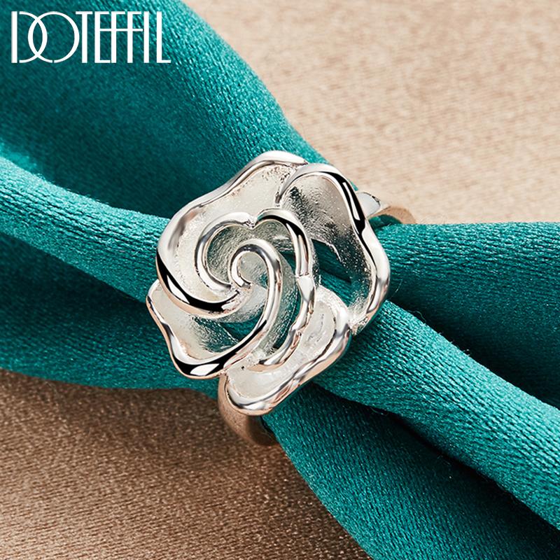 DOTEFFIL 925 Silver Rose Flower Blossoms Ring For Woman Fashion Wedding Engagement Party Gift Charm Jewelry