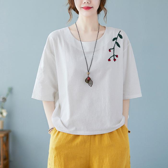 Футболка из хлопка и льна с короткими рукавами для женщин на лето, новая, большого размера, в стиле ретро, вышитая, льняная, свободная, повседневная