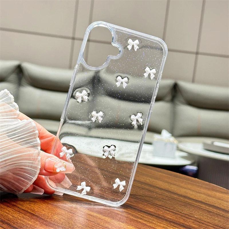 Милый 3D-чехол с блестками в виде банта для iPhone 16 15 14 13 12 11 Pro Max Plus MiNi 2025 Korean Girl Soft Cover Epoxy Clear Shell