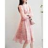 Floral Dress Sweet Mushroom Buckle Spring New V-neck Printed Bubble Sleeve Waist Dress Women's Long