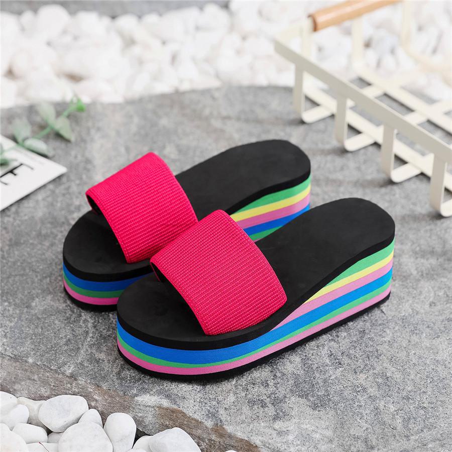 Rainbow Herringbone High-Heel Women's Flip Flops - Summer Beach Sandals