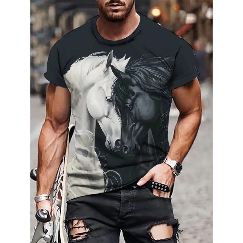 Black White Horse Graphic 3d Full Print T-shirt For Men Fashion Short Sleeve Crew Neck Tshirt Casual Summer Oversized Top