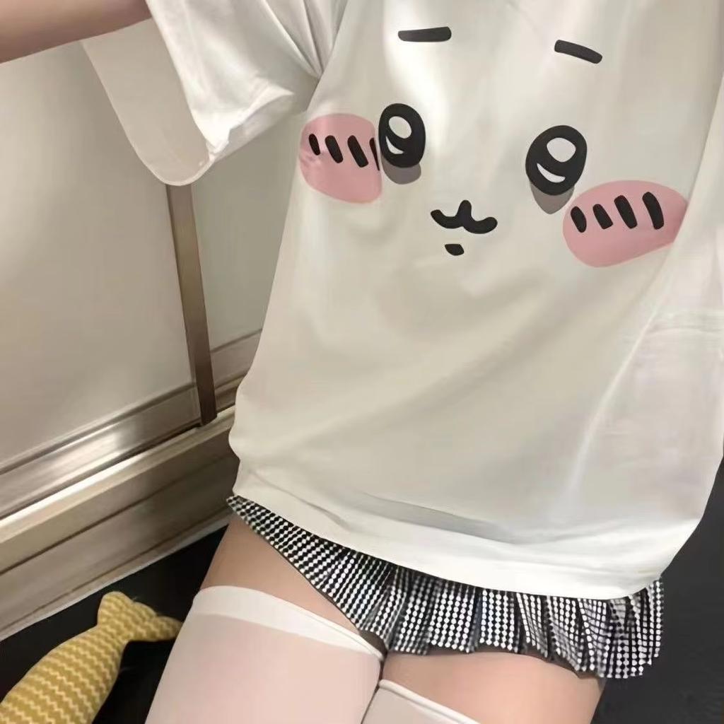 2026 Summer Cute Blush Big Face Cartoon Animal Front Full Graphic White Tshirt Unisex Oversized Y2k Streetwear Cotton Tee
