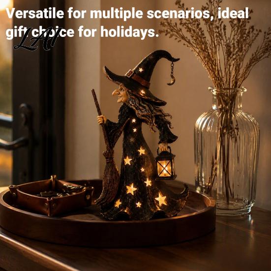 Decorative Night Light Halloween Witch Lamp Up Figurine with Broom And Lantern Gothic Resin Table Decor Spooky for Tabletop Indoor Home Vintage
