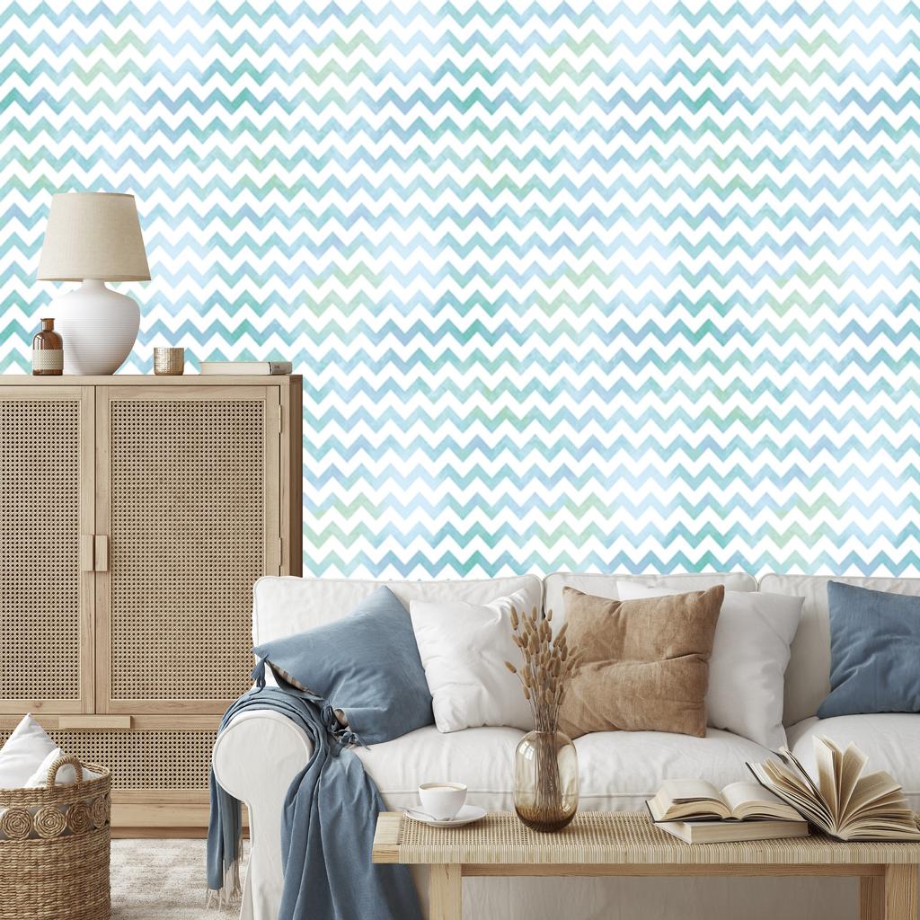 White and turquoise waves wallpaper for living room and bedroom 50x1000