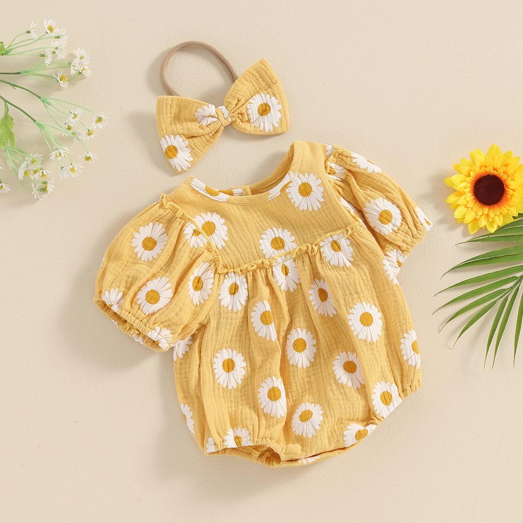 Baby Girls Rompers Daisy Print Short Sleeve Round Neck Infant Bodysuits Summer Clothes with Headband