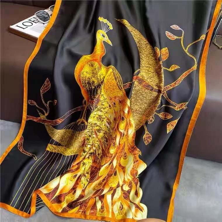 New Spring and Autumn Retro Floral Cranes Temperament Simulation Silk Large Long Scarf Sunscreen Outwear Shawl Female Silk Scarf