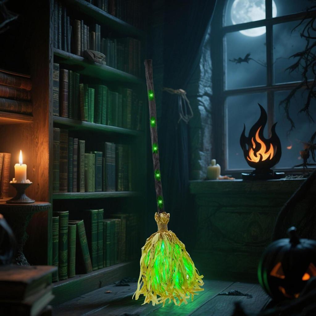 1:1 Witch Broom Halloween Green Led Witch Broom Decor Lighted Spooky Supplies Decorations For Door Porch Haunted House Yard