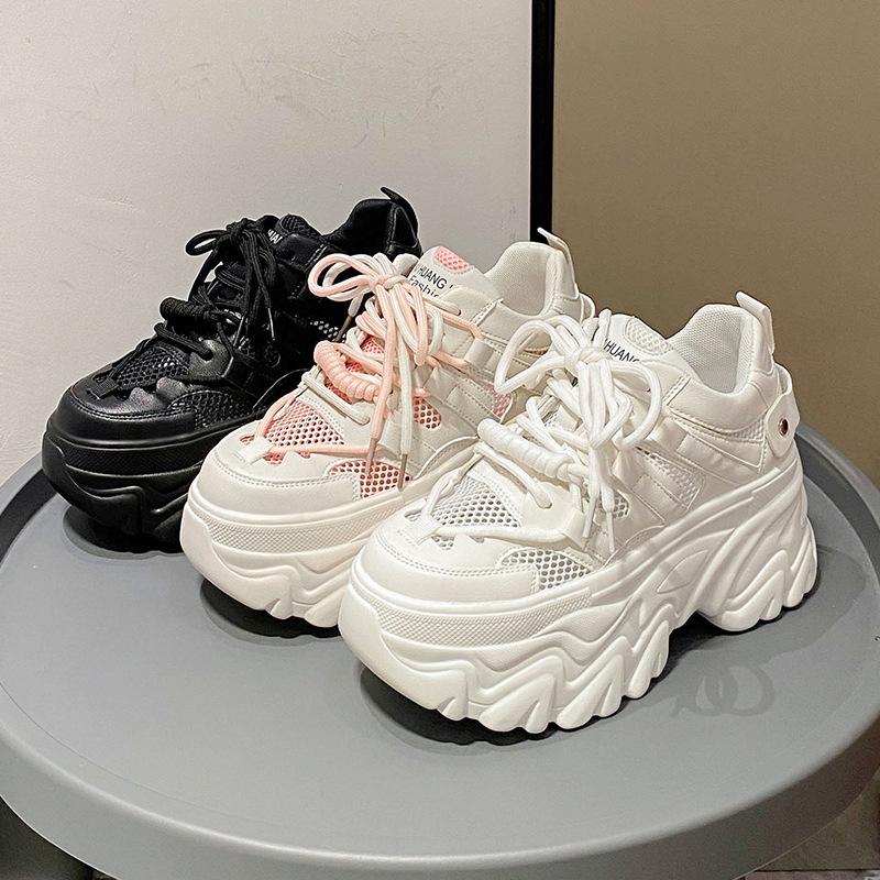 Popular 2025 Spring New Thick-soled Muffin, Inner Height Increase Mesh Breathable Little White Shoes, Versatile Casual Dad Shoes