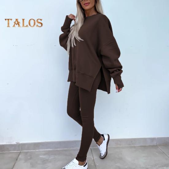 2 шт./комплект женский топ брюки костюм круглый вырез длинный рукав асимметричный подол толстовка эластичный пояс однотонные брюки зимний повседневный спортивный костюм