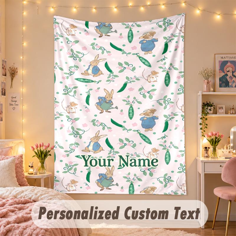 Custom Personalized Tapestry,Peter Rabbit Print Custom Name Text Wall Art Hanging for Bedroom