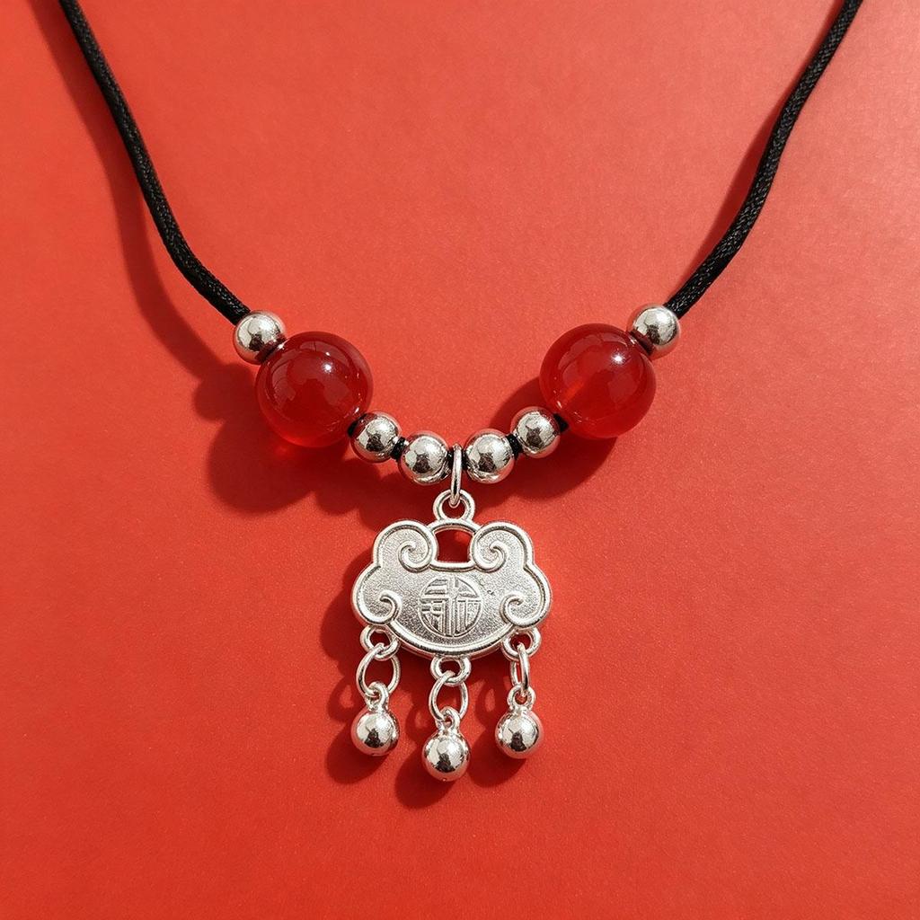New Chinese Style Necklace for Students, Peace Lock Ethnic Style Woven Long Life Lock Bell, Versatile Temperament Pendant for Men and Women