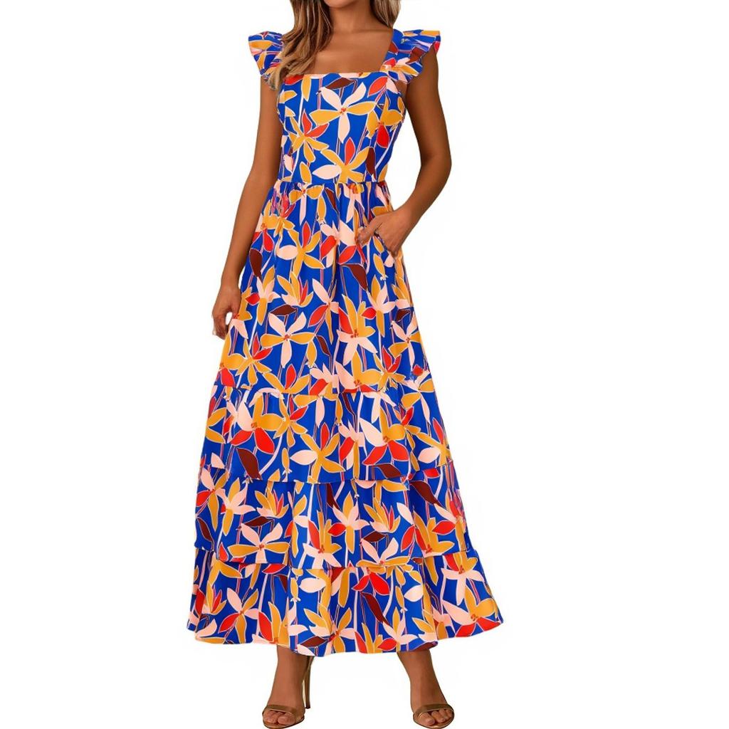 Women's Summer Dresses Casual Ruffled Ruched Tiered A-Line Boho Floral Long Beach Sundress With Pockets