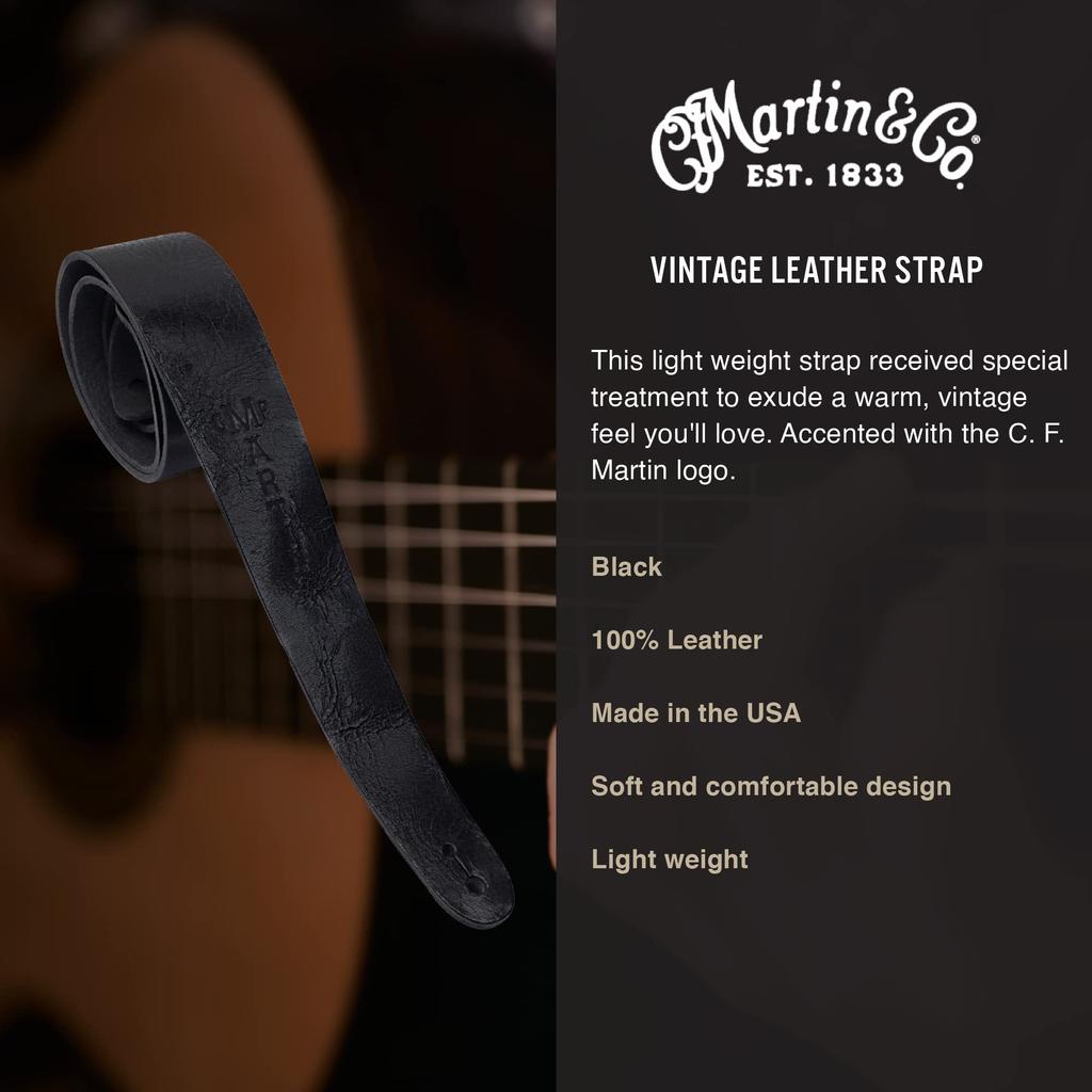 Martin Vintage Leather Straps Black 18A0064 Martin Vintage Leather Guitar Strap Black Lightweight Leather Strap with Logo – 100% C.F.