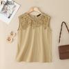 Women Casual Lace Crochet Splice Round Neck Sleeveless Tank Tops