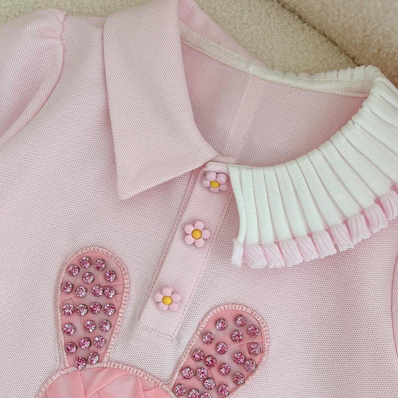 Girls Summer Polo Dress with Cute Rabbit Print Irregular Hem Pink Sweatshirt Dress