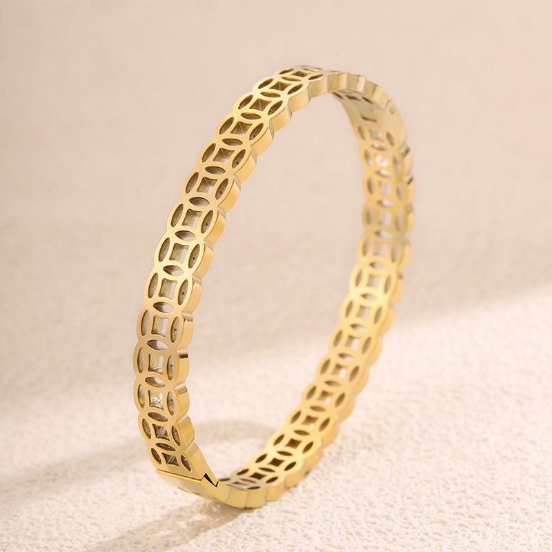 New Chinese-style fortune-bringing copper coin bracelet for women, vintage non-fading titanium steel bracelet, European and American high-end
