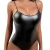Erotic Underwear Solid Color High Elasticity Sexy Sling Type Faux Leather Backless Pornographic Party Bodysuit for Honeymoon