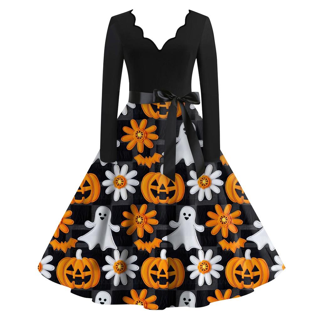 Женская повседневная мода с длинным рукавом Хэллоуин принт винтажные длинные платья осень