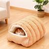 Warm Semi-sealed Pet Bed Checkered Pattern Cat Cotton Nest Winter Cat Bed  for Rabbit Cats