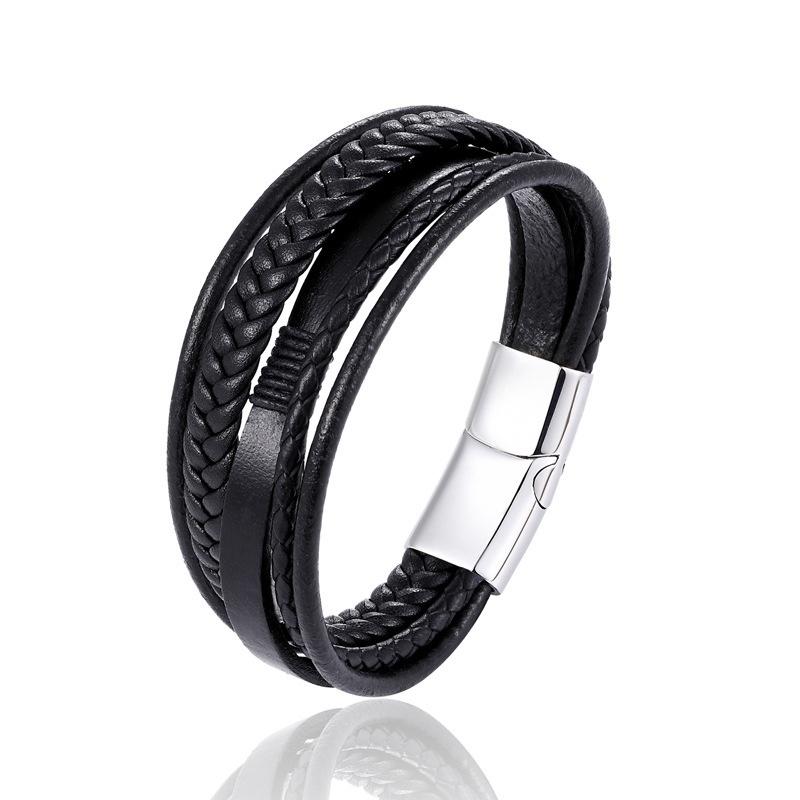 Fashion Classic Men's Leather Rope Bracelet Woven Leather Ethnic Style Bracelet Punk Metal Magnet Buckle Personality Bracelet