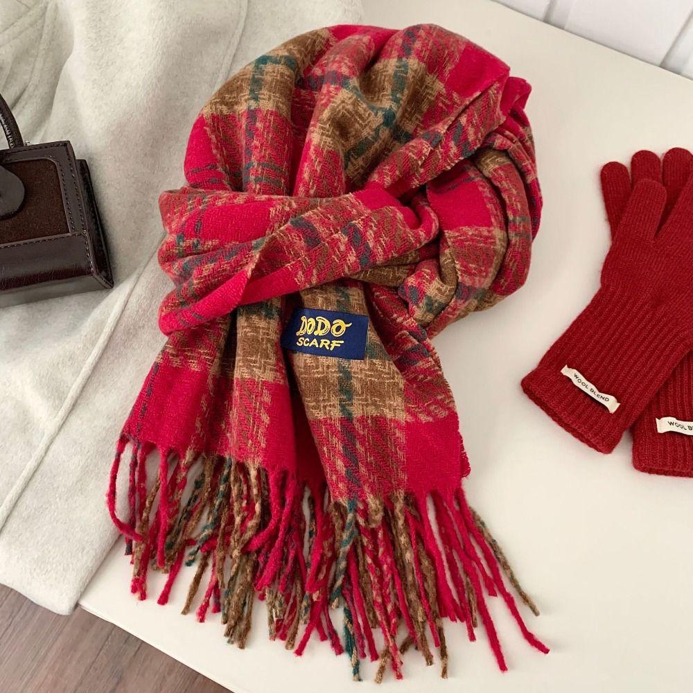 Sweet Plaid Wool Scarf Tassel Cape Wraps Elegant Red Long Shawl Christmas