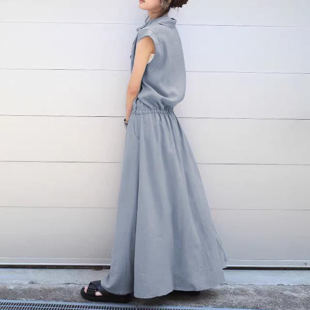 Женское весенне-осеннее платье-макси рубашечного кроя с отложным воротником - Длинный рукав, Однотонное, Повседневное