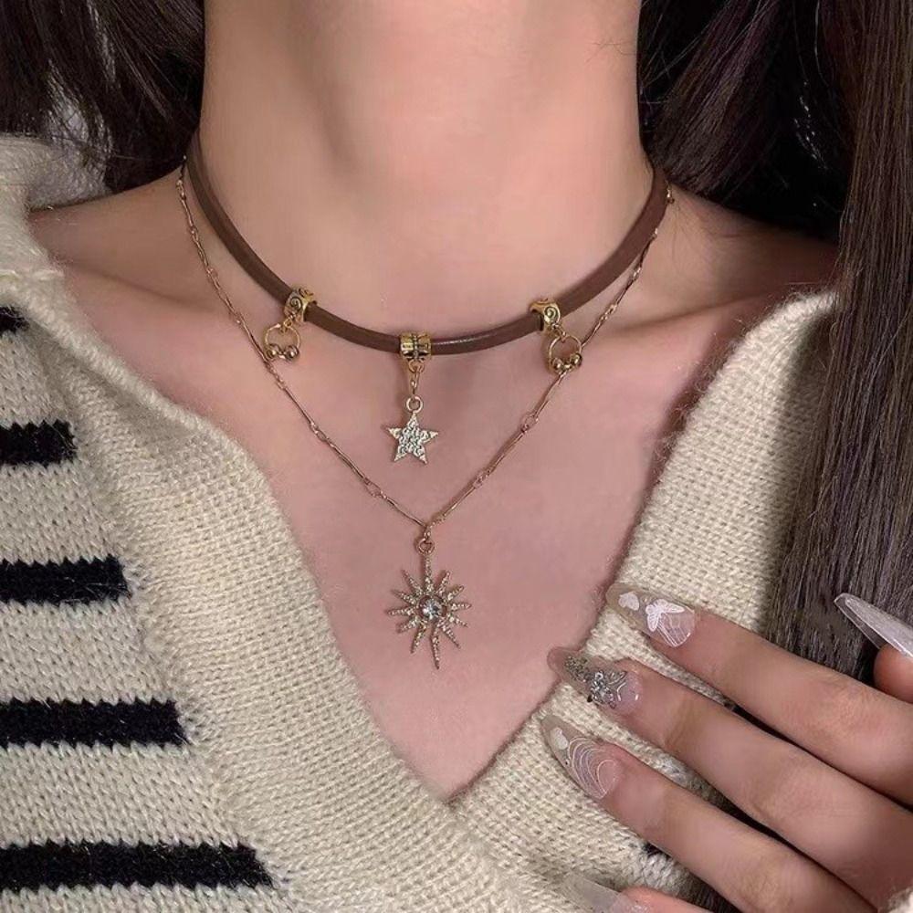 Регулируемое двойное ожерелье «Солнечная звезда» из кожи, цепочка на ключицу, ожерелье с подвеской «Солнце» для женщин