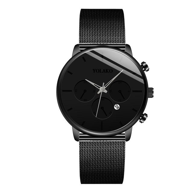 Отличное предложение, мужские черные сетчатые деловые часы из нержавеющей стали, роскошные спортивные часы с датой, наручные часы, мужские кварцевые часы