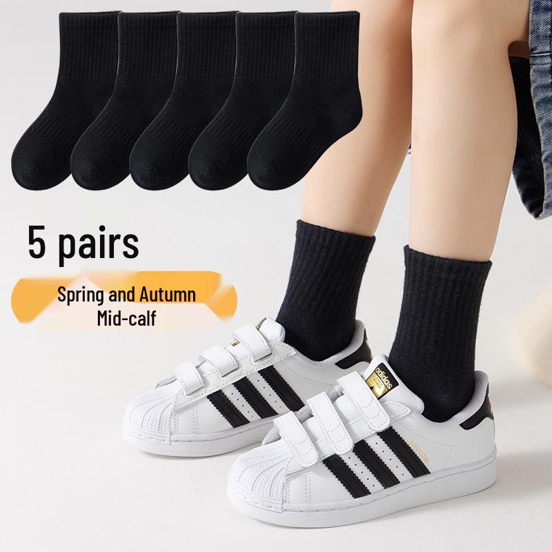Детские хлопковые носки: Белые и черные, до середины икры, дезодорирующие, грязеотталкивающие, подходят для весны, осени и зимы