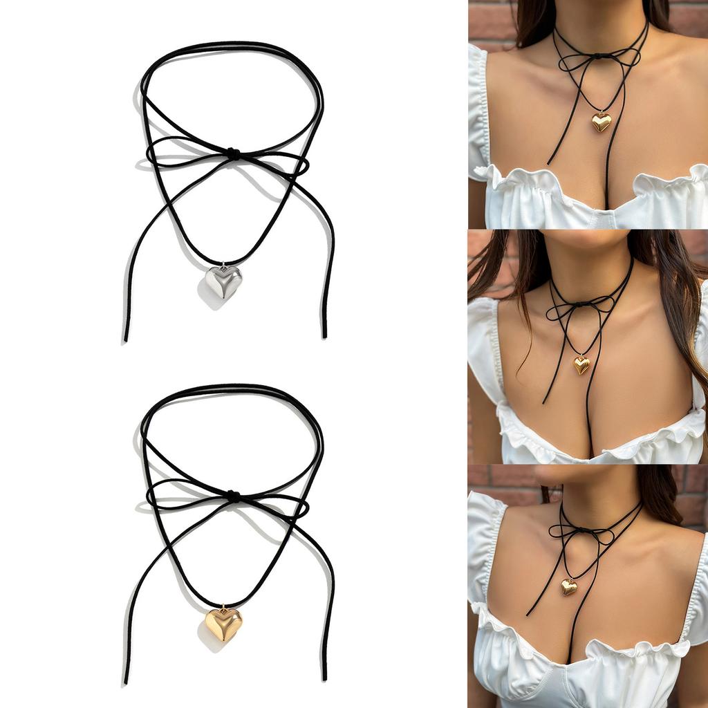 Adjustable Velvet Bowknot Choker Neck Tie Chain Heart Pendant Necklace Jewelry Elegant Clavicle Chain Necklace