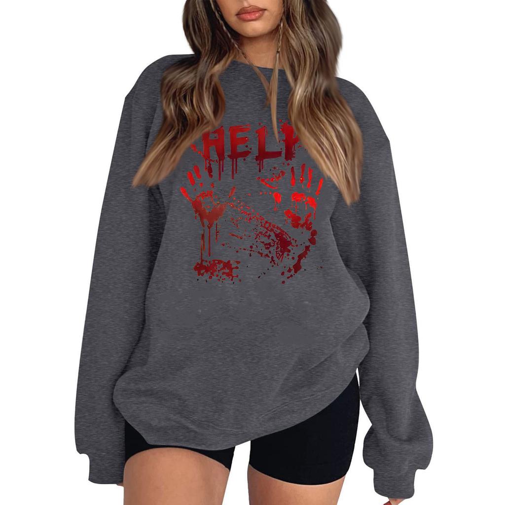 Women's Casual Round Neck Long Sleeved Pullover, Halloween Printed Top, Long Sleeved Hoodie