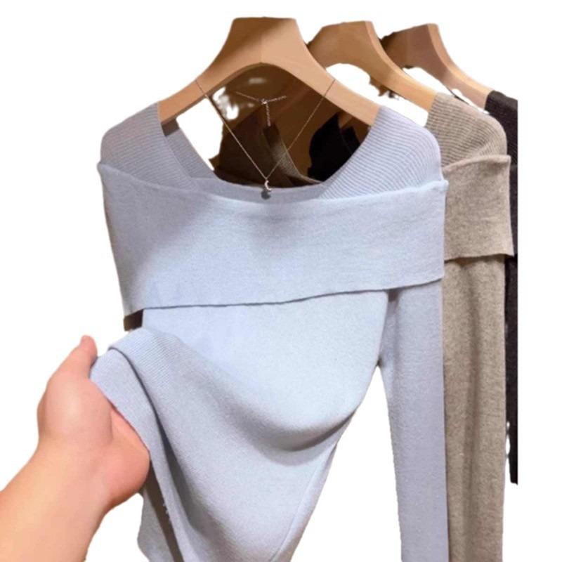 One-word Shoulder Long-sleeved Knitted Bottoming Shirt for Women's Early Autumn Inner Wear Atmosphere Sweater, Thin Waist Top
