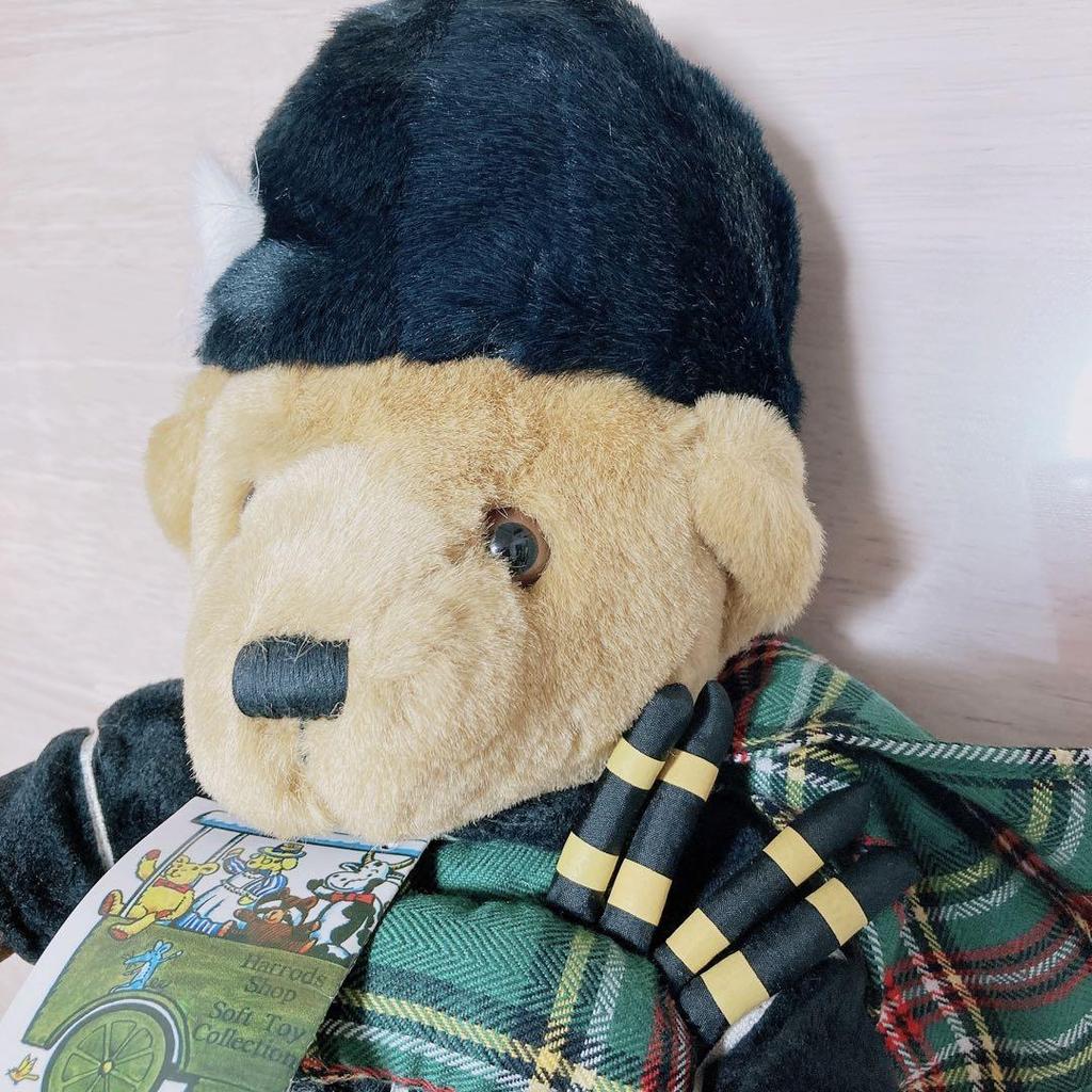 [USED] Rare Harrods teddy bear plush toy, green check, vintage