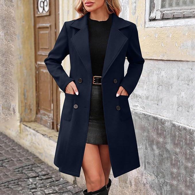 Women's Casual And Fashion Jacket Solid Color Lapel Double Button With Pockets Coat