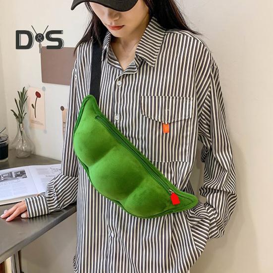 Сумка через плечо в форме зеленой сои, плюшевая сумка на молнии, нагрудная сумка с регулируемым ремнем для походов и активного отдыха на свежем воздухе