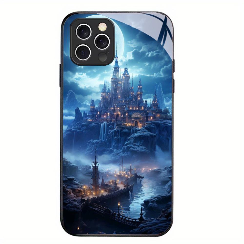 Castle Full Moon Glass Phone Case For iPhone 17 16 15 14 13 Pro Max Plus Shockproof Full Camera Lens Protection Hard Back Cover