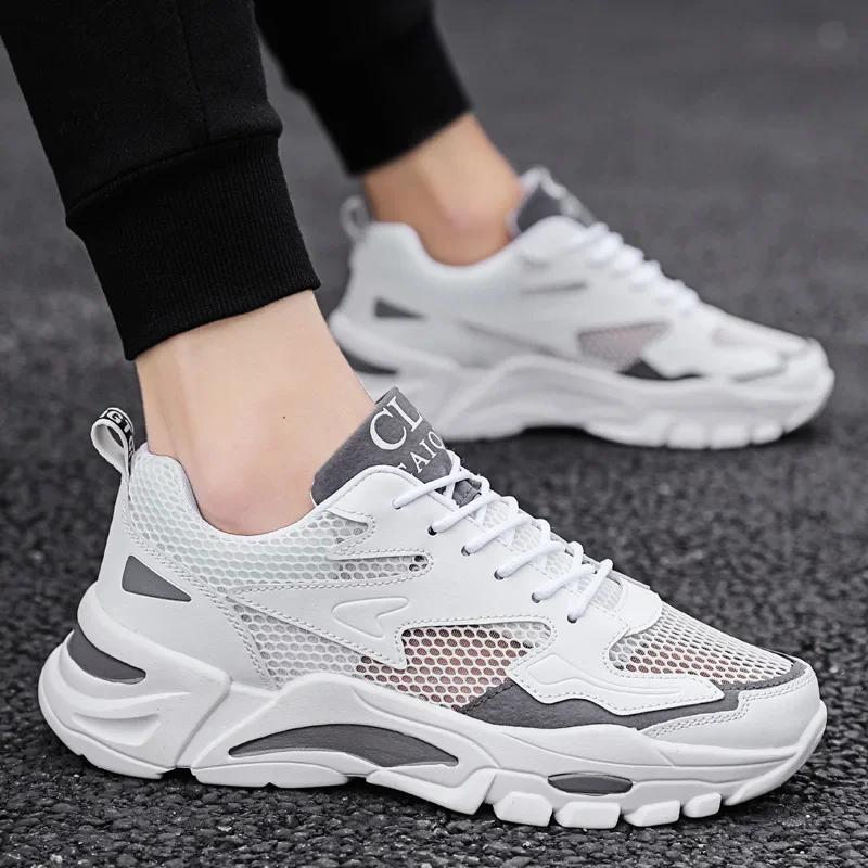 Fashion Mesh Men's Sneakers White Summer Platform Sneakers Stylish Lace-up Male Sneaker Breathable Man Tenis Footwear Men's Sports Shoes